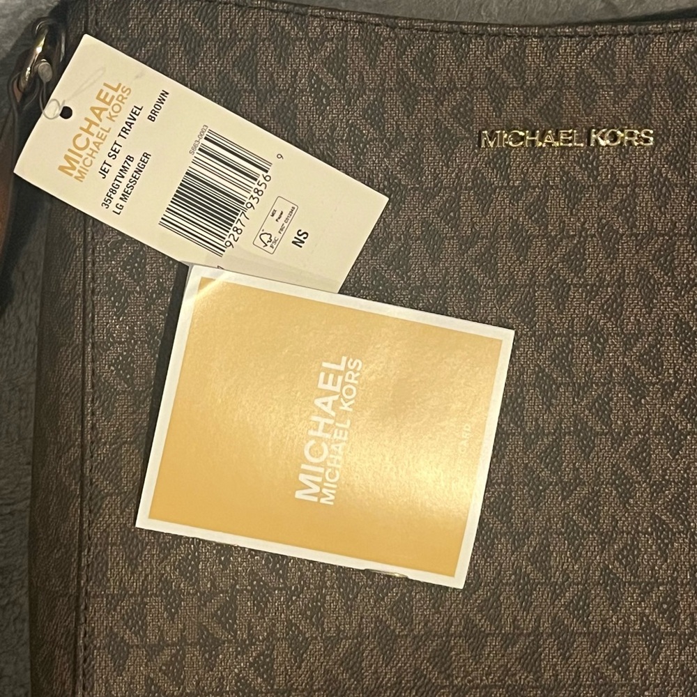 Michael Kors Brown Large Logo Crossbody Jet Set Travel NWT Gold - Picture 7 of 8